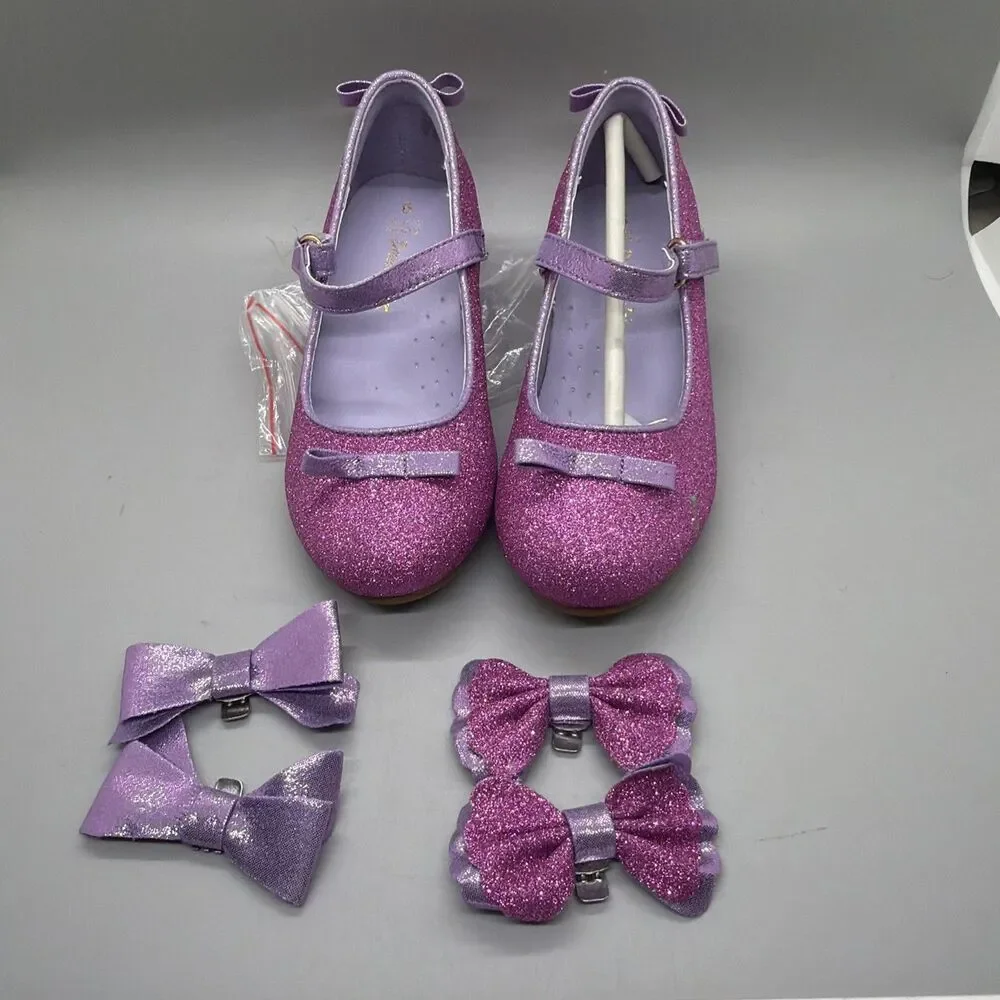 Girls Dress Shoes 1.3inch Low Heel Dance Shoes Bow Glitter Wedding Party Shoes